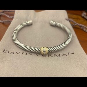 David Yurman Silver & 18K Cable Classic Diamond Center Station Cuff Bracelet